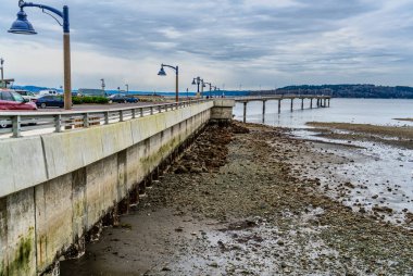 Des Moines, Washington 'da gelgit düşük. Duvar ve rıhtım manzarası.