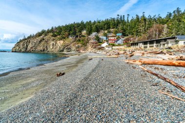 Washington 'daki Desception Pass Eyalet Parkı' ndaki Rosario Plajı 'ndaki atık evler..