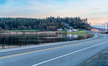 Oak Harbor, Washington 'daki bir göletin kıyısında evler..