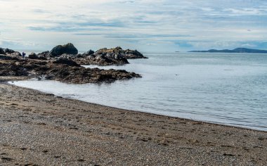 Washington 'daki Aldatma Geçidi Eyalet Parkı' ndaki Rosario Plajı 'nda küçük bir kayalık nokta..