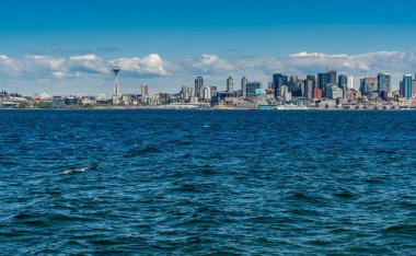 Seattle, Washington ufuk çizgisi Elliott Körfezi ön planda..