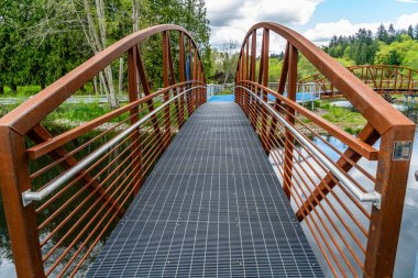Kenmore, Washington 'daki bir şehir parkında yürüyen bir Brdige' in yakın plan fotoğrafı..