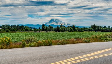 Washington, Kend 'deki bir otoyolun karşısındaki Rainier Dağı manzarası.