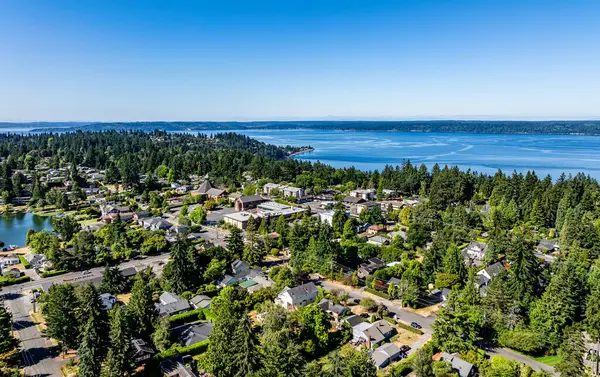 stock image An aerial view of home and the Puget Sound in Burien, Washington.