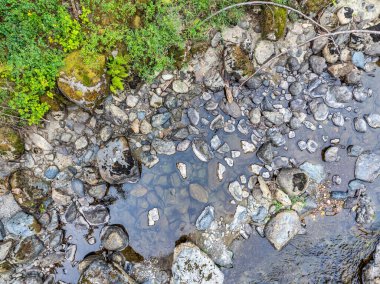 North Bend, Washington 'daki Snoqualmie Nehri kıyısındaki kayaların üzerinden bir manzara.