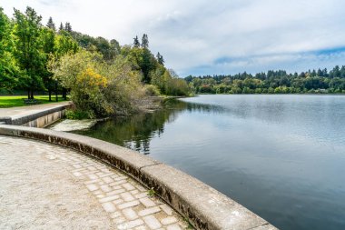 Olympia, Washington 'daki Capitol Gölü kıyı şeridi manzarası.