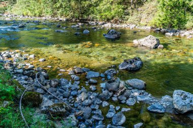 North Bend, Washington 'daki Snoqualmie Nehri' nde kayaların yakın plan çekimi..