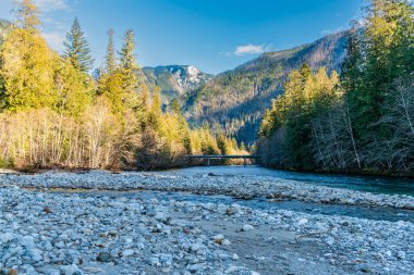 Washington 'da Skagit Nehri boyunca uzanan bir köprü manzarası..