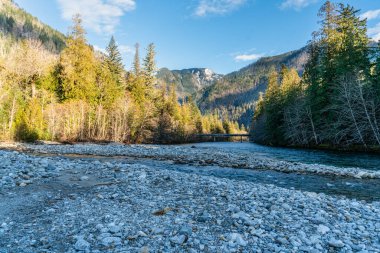 Washington 'da Skagit Nehri boyunca uzanan bir köprü manzarası..