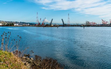 Washington 'daki Tacoma Limanı' ndan vinç ve Rainier Dağı manzarası.