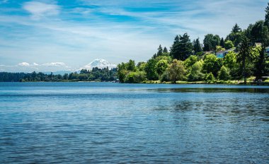 Washington Gölü manzarası ve uzaktaki Rainier Dağı..