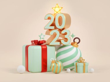 2023 Mutlu Noeller ve mutlu yıllar geçmişi. Gerçekçi hediye kutusu ve Altın Metal - 3D görüntüleme