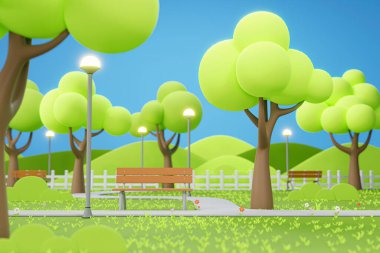 Şehir parkındaki ağacın altındaki ahşap bank, yol ve yeşil bahçedeki ışık - 3D görüntüleme