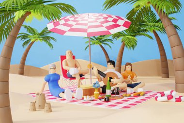 Bir aile sahilde takılıyor, arkadaşlık, yaz tatili, tatil - 3 boyutlu illüstrasyon