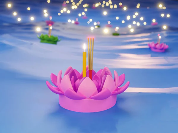 Loy krathong thailand festival, kratong on the river and full moon - 3D illustration