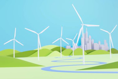 Ulaşım için temiz enerji. Gökyüzünde rüzgar türbini, yeşil enerji - 3 boyutlu illüstrasyon