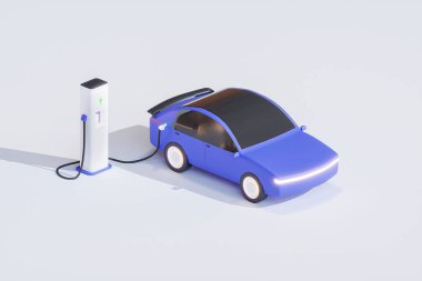 İstasyon, EV şarj istasyonu - 3D illüstrasyon şarj güç kablosu ile şarj elektrikli araç
