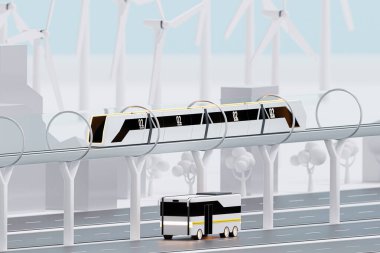 Yel değirmenli otobüs ve trenler, güneş enerjisi panelleri, yeşil enerji, çevre taşımacılığı, sürdürülebilir ulaşım - 3D illüstrasyon