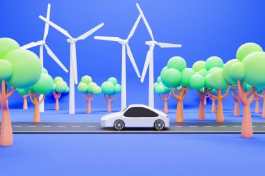 Yel değirmenleri, Güneş Enerji Panelleri, yeşil enerji, Çevre Taşımacılığı, Sürdürülebilir Taşımacılık (EV) - 3D