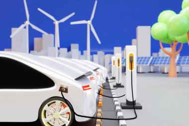 Parktaki elektrikli araç şarj istasyonu, EV - 3D illüstrasyon