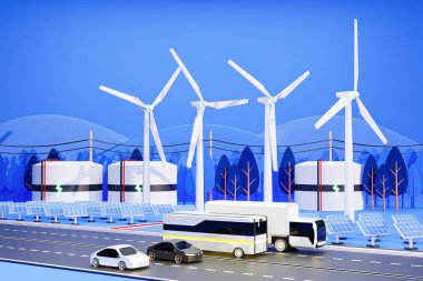 Elektrikli arabalar, elektrikli otobüsler ve elektrikli kamyonlar doğal enerji santralleri, rüzgar türbinleri ve güneş pillerinin yanından geçiyor - 3D üretici