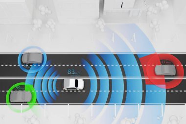 Otomatik otomatik elektrikli araba şeridi değiştirir ve şehir aracını, sürücü yardım sistemini, EV otomobili - 3D render