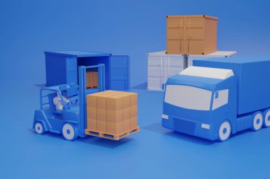 Bir forklift sürücüsü büyük bir depoda çalışır. Malları konteynırlara, lojistik malzemelere yükler.