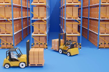 Depo verimliliği: Forkliftler dolu bir deponun koridorlarında dolaşır, organize bir depo ve hareketli bir dağıtım merkezinin verimli lojistiğini gösterir.