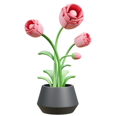 Vazoda bir buket lale ve baharda saksıda lale. Üç boyutlu.