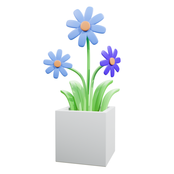 Bir kutu çiçek ve vazoda mavi bir çiçek - 3D