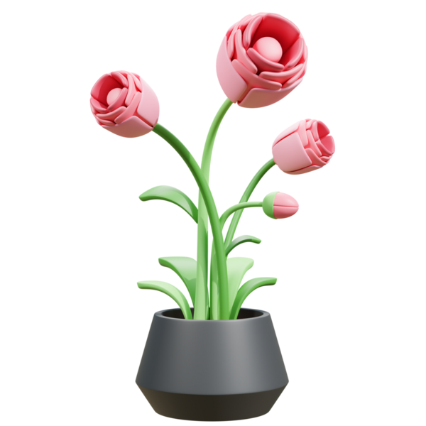 Vazoda bir buket lale ve baharda saksıda lale. Üç boyutlu.