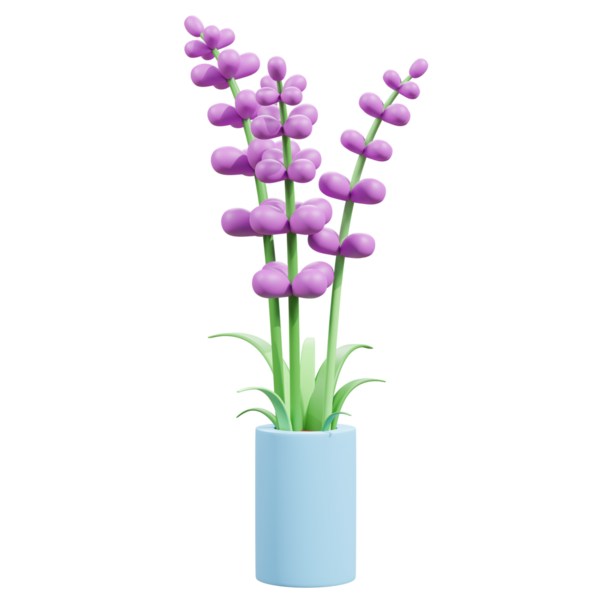 Bir demet leylak, mor orkide ve vazolarda pembe sümbül. Üç boyutlu.