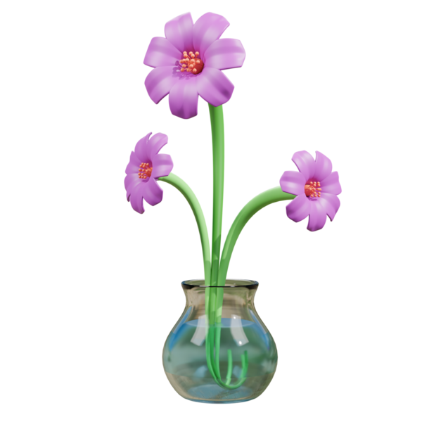 3D Güzel bir demet menekşe ve mor çiçekler cam bir vazoda