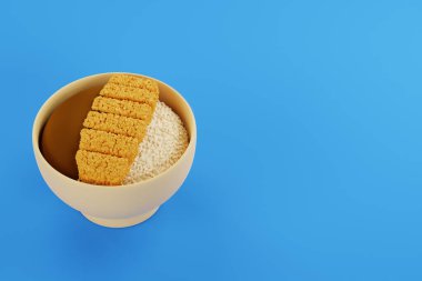 Kızarmış domuz pirzolası, TONKATSU ve köri, pilavın üstünde, Japon usulü - 3D rendelenmiş.