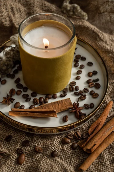 Elegant Composition Candles Plates Golden Border Which Spices Anise Cinnamon — Stock Photo, Image