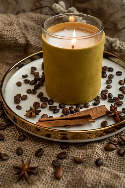 Elegant Composition Candles Plates Golden Border Which Spices Anise Cinnamon — Stock Photo, Image