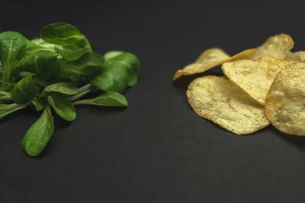 Lettuce leaves and chips on a black background. Healthy and unhealthy food is a contrast. Health care - the right choice of products
