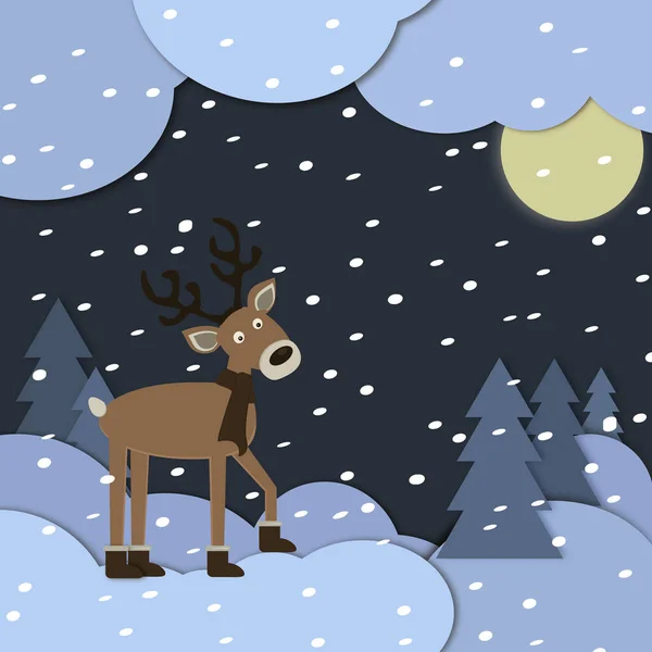 Abstract winter illustration with a deer in a scarf, among snowdrifts, under the moon