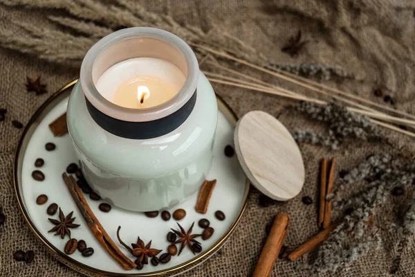 Aesthetic Composition Candles Anise Cinnamon Sticks Coffee Beans Background Burlap — Stock Photo, Image