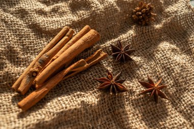 A bunch of cinnamon sticks and anise stars on burlap. Dried flowers and pieces of bark