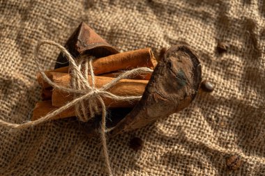 A bunch of cinnamon sticks and anise stars on burlap. Dried flowers and pieces of bark