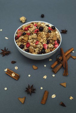 A diet breakfast with a high protein content. Crispy muesli, granola with strawberries, black currants and white chocolate. Side view