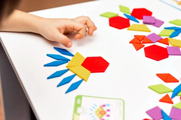 Parlak Ahşap Tangram Oyuncağı Oynayan Çocuk Elleri Yakın Plan Çocuk — Stok fotoğraf