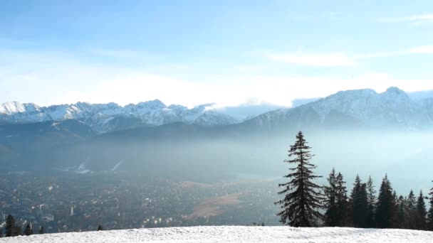 山の景色 霧の谷 霞の中 高い点からの眺め — ストック動画
