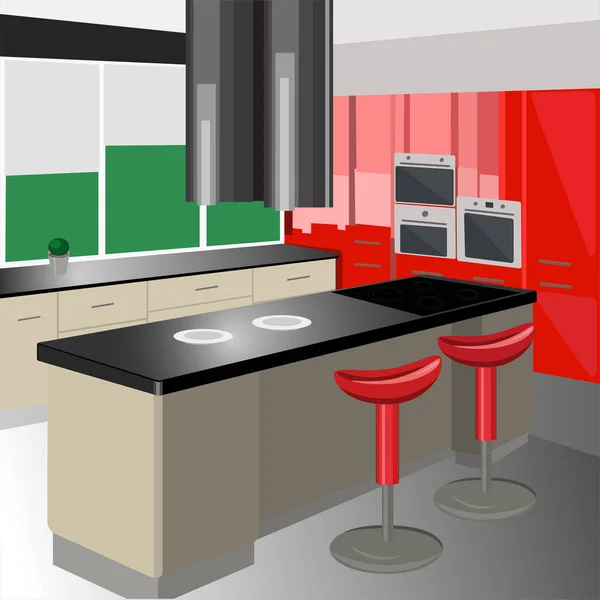 厨房是新艺术风格的红色风格 内部有一个柜台 酒吧凳子 家具和家用电器 开瓶器盖 公寓里的现代化厨房 矢量图解 — 图库矢量图片