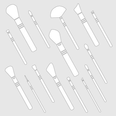 Güzellik kozmetik tasarımının makyaj fırçası vektör modelleri. Kızarma, göz farı ve dış görünüş, temel, kapatıcı ve bronzlaştırıcı, açı, yelpaze ve düz gerçekçi fırçalar, makyaj malzemeleri