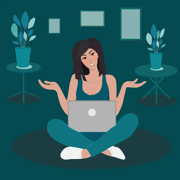 Female Freelancer Sitting Laptop Semi Flat Color Vector Character Editable — Stock Vector