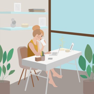 Bun saç stili olan genç bir kadın masaya oturur, dizüstü bilgisayarda çalışır ve kağıt bardaktan kahve içer. Uzak çalışma, serbest çalışma
