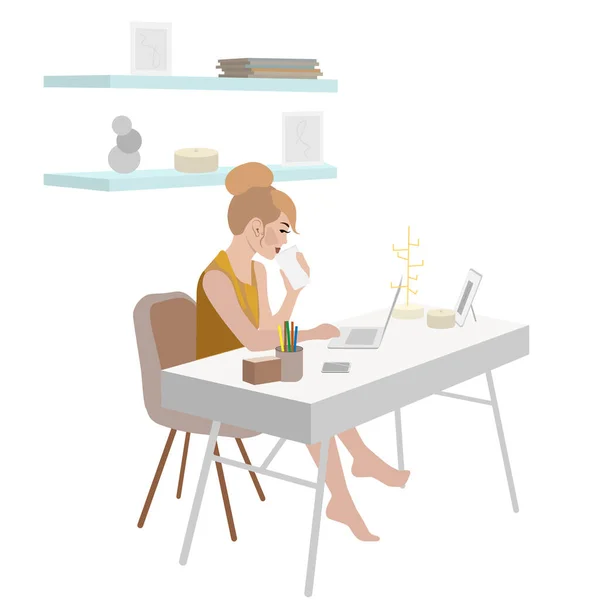 Young Woman Bun Hairstyle Sits Table Works Laptop Drinks Coffee — Stock Vector