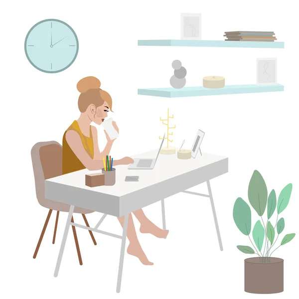 Young Woman Bun Hairstyle Sits Table Works Laptop Drinks Coffee — Stock Vector